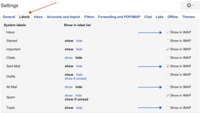 gmail.com account settings for IMAP