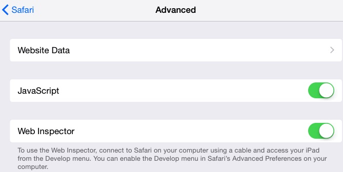 Enable Safari developer mode in iOS settings